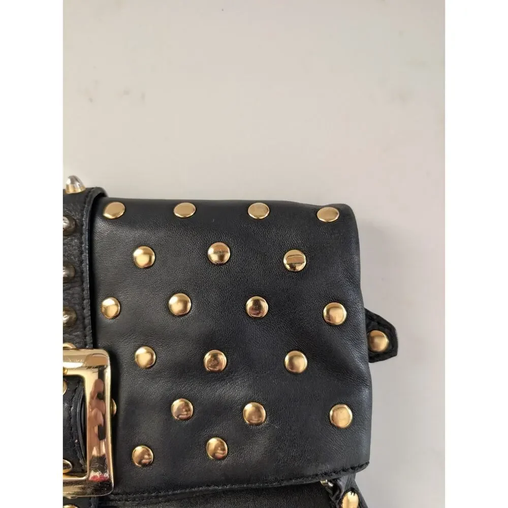Besso Black Leather Clutch Gold Studded Buckle Fold Over Bag 10.5x6 Grunge...